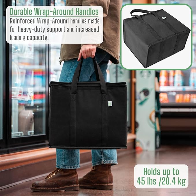 VENO 3 Pack Insulated Reusable Grocery Shopping Bag, Food Delivery, Cooler Bag, Heavy Duty, Large Size, Durable Handles, Dual Tab Zips, Lid, Stands Upright, Collapsible, Sustainable (Black, 3 Pack)