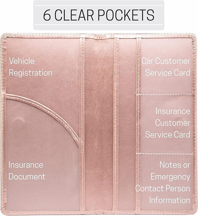 CANOPUS Car Registration and Insurance Holder, PU Leather Card Holder, Vehicle Glove Box Organizer for Auto, SUV, Truck, Rose Gold