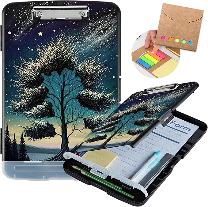Clipboard with Storage,Heavy Duty Plastic Storage Clipboard with Low Profile Clip,Teacher Must Haves,Office Supplies,Sky Forest Tree