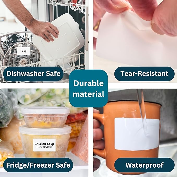 Blank Waterproof Label Stickers, White Write-On Polypropylene Labels with Strong Permanent Adhesive, 70mm x 40mm (2.8” x 1.6”), 500/Roll, Durable for Bottles, Storage Bins, Pantry & Cleaning Supplies