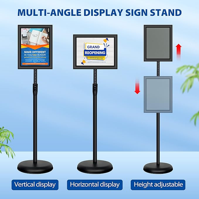 2Pack 8.5x11 Inch Adjustable Pedestal Poster Sign Stand, Heavy Duty Floor Standing Sign Holder Stand Aluminum Snap Open Frame for Vertical and Horizontal View Sign Displayed(Black)