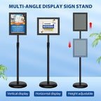 2Pack 8.5x11 Inch Adjustable Pedestal Poster Sign Stand, Heavy Duty Floor Standing Sign Holder Stand Aluminum Snap Open Frame for Vertical and Horizontal View Sign Displayed(Black)