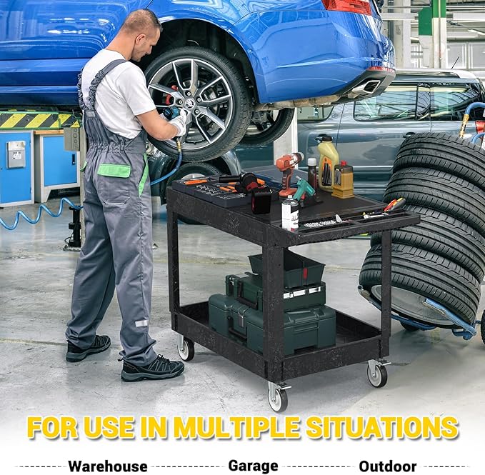 Heavy Duty Plastic Utility Cart with Wheels, Rolling Flatbed Tool Cart on Wheels, Service Cart for Garage, Warehouse, Workshop, Office, Cleaning (Black-45.7 inch)