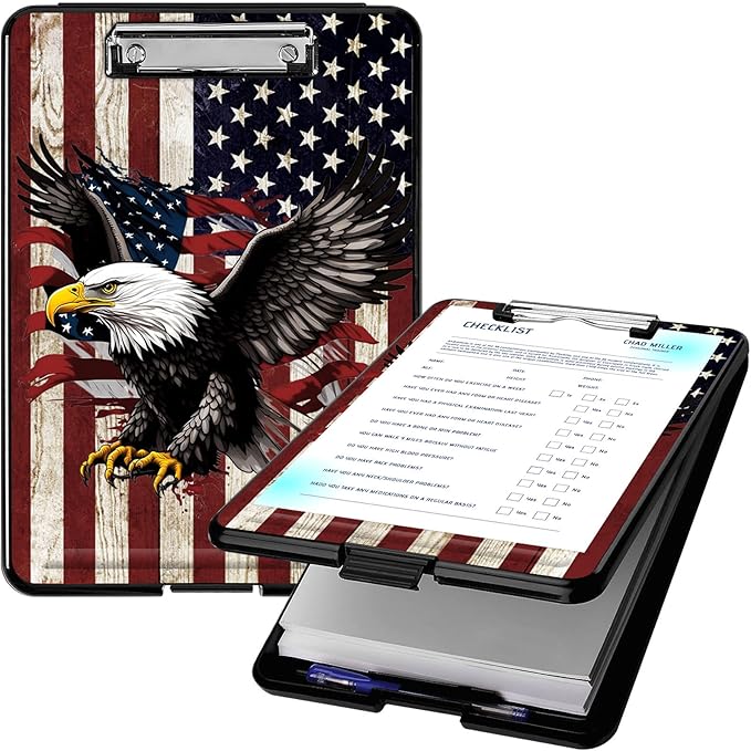 Clipboard with Storage, High Capacity Plastic Storage Clipboard with Pen Holder for for Women Teachers Work, School & Office Supplies, Cute Pattern Decorative Clipboards, America Falg Eagle