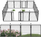 24 in(H) Decorative Garden Fence Outdoor for Yard with Gates,Heavy Duty Iron 16 Panels Total 29.4ft(L) Anti Dig Fence with Gravity Automatic Lock for Indoor/Outdoor Decorative Dog Fence,Black