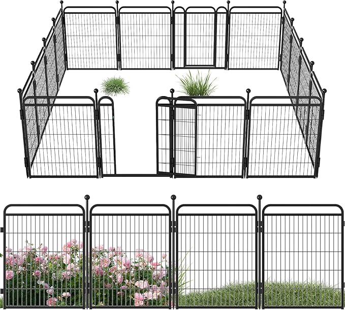 24 in(H) Decorative Garden Fence Outdoor for Yard with Gates,Heavy Duty Iron 16 Panels Total 29.4ft(L) Anti Dig Fence with Gravity Automatic Lock for Indoor/Outdoor Decorative Dog Fence,Black