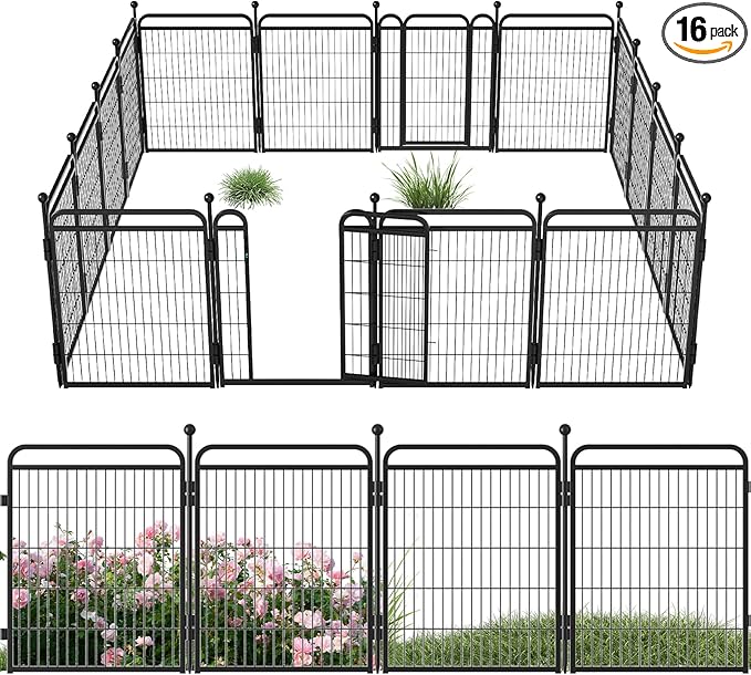 32 in(H) Decorative Garden Fence Outdoor for Yard with 2 Gates,Heavy Duty Iron 16 Panels Total 34.7ft(L) Anti Dig Fence with Gravity Automatic Lock for Indoor/Outdoor Decorative Dog Fence,Black