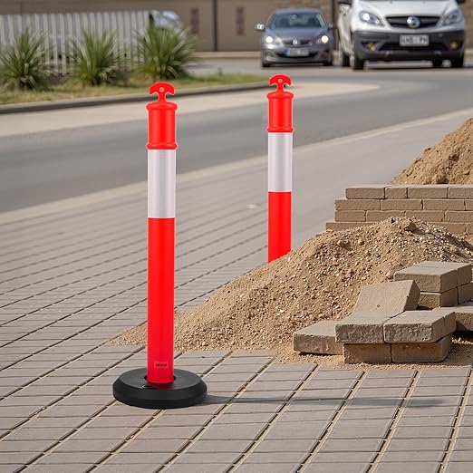 VEVOR 9 Pack Traffic Delineator Posts, 48 inches Traffic Safety Cones with Fillable Base and Reflective Strips, Heavy Duty Delineator Posts for Construction Site, Parking Lot, Crowd Control, Red