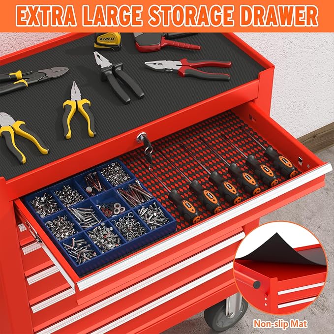 7-Drawer Rolling Tool Chest with Wheels, Metal Tool Box, Large Capacity Tool Storage Cabinet with Keyed Locking, Tool Organizer Box for Garage, Workshop, Warehouse (Red)