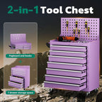 Greenvelly 7-Drawer Metal Tool Chest, Rolling Tool Chest with Wheels, Tool Cabinet with Detachable Top Tool Box, Metal Tool Cart with Liner & Hooks for Garage, Workshop, Warehouse (Purple)