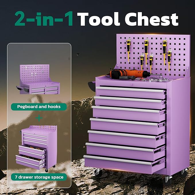Greenvelly 7-Drawer Metal Tool Chest, Rolling Tool Chest with Wheels, Tool Cabinet with Detachable Top Tool Box, Metal Tool Cart with Liner & Hooks for Garage, Workshop, Warehouse (Purple)