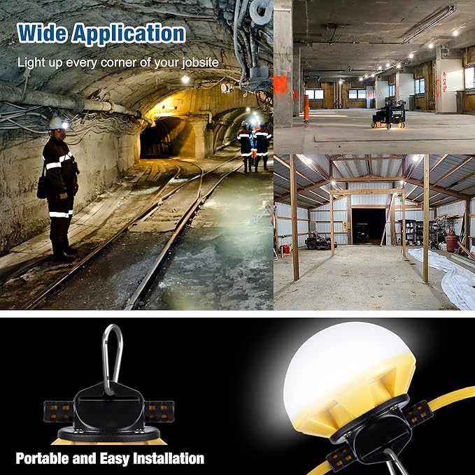 50FT Construction String Lights, IP65 Waterproof ETL Certified LED String Work Lights, 5000K Daylight 18AWG Wire Linkable Temporary Construction Lighting for Jobsite with 5 Bulbs & Hooks