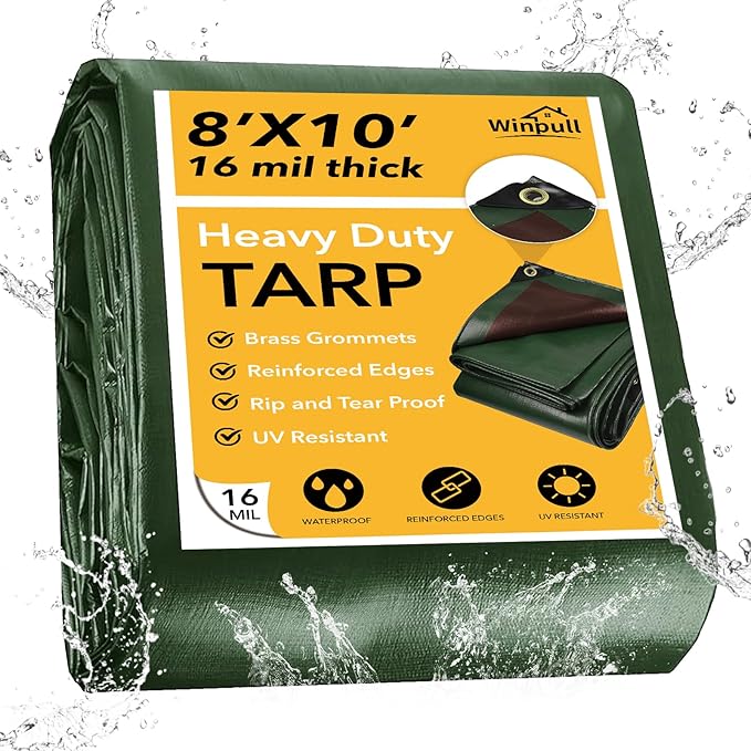 Tarp 8x10 Feet 16 Mil Heavy Duty Waterproof Tarp, Large Multipurpose Cover with Brass Grommets and Reinforced Edges, UV Resistant Thick Poly Tarps for Outdoor Camping Tent Pool Car, Green