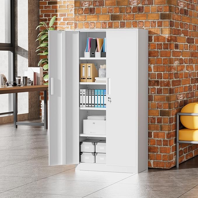 Greenvelly Metal Garage Storage Cabinet, White Steel Lockable Cabinet with 2 Doors and 4 Adjustable Shelves,Utility Metal Filing Cabinet with Lock for Home Office, Garage, Pantry, Kitchen