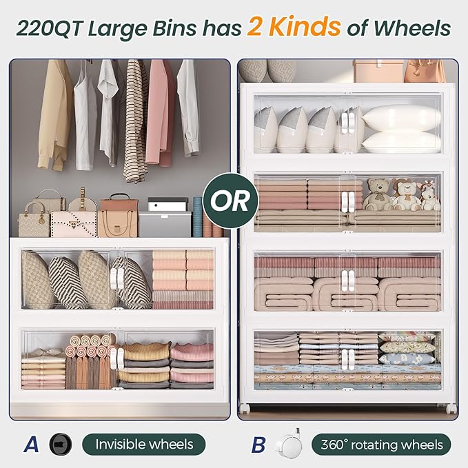 220Gal Stackable Storage Bins with Lid and Wheels, 880QT Plastic Collapsible Storage Boxes with Doors, Closet Organizer and Storage Cabinet for Home Kitchen Office Dorm Room, 4Pack White
