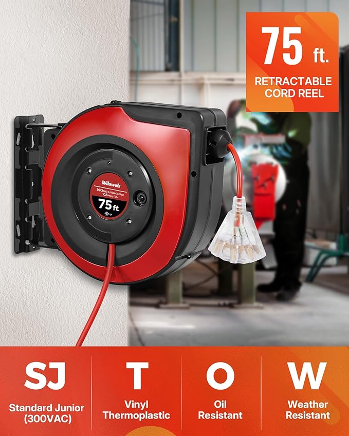 Retractable Extension Cord Reel, 75 FT Heavy Duty Extension Cord, 14AWG/3C SJTOW, 3 Grounded Outlets Lighted Triple Tap, 10A Circuit Breaker, Wall/Ceiling Mounted, UL Listed, Red R75CR06