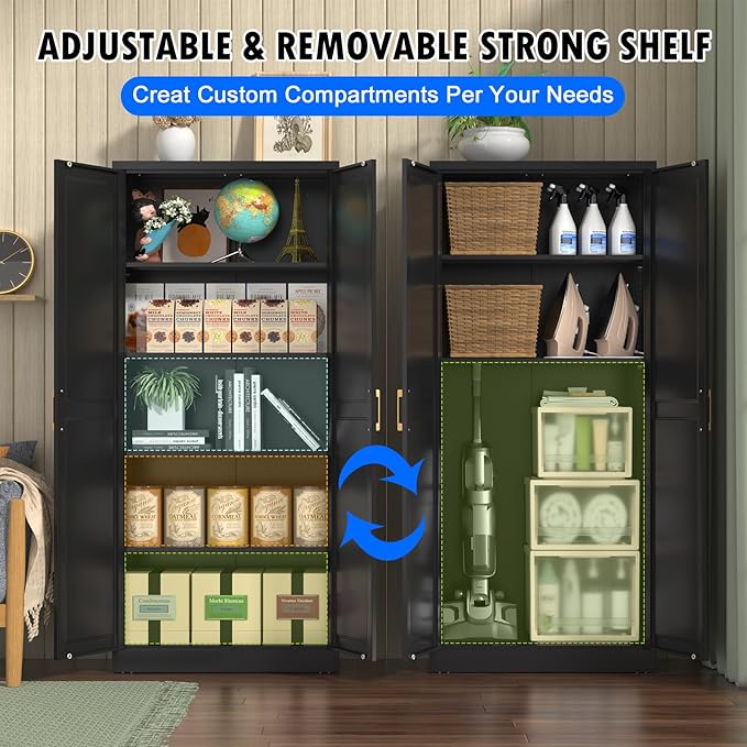 Pantry Cabinet, 71 Inch Tall Kitchen Storage Cabinet, Metal Pantry Cabinet with Doors and Adjustable Shelves, Black Food Cupboard, Freestanding Cabinet for Living&Dinning Room, Assembly Required