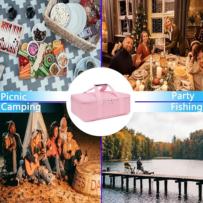 Insulated Casserole Carrier Bag - Large Portable Hot and Cold Food Storage Tote with Handles Thermal Bag for Parties, Picnics, Camping, Travel,Fits 9"x13" Baking Dish, Travel,Pink