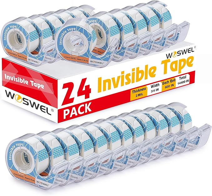 Tape Refills with Dispenser, 24 Roll Invisible Tapes, 3/4 Inch X 600 in, Gift Wrapping Tapes Supplier for Christmas Home School Office Use