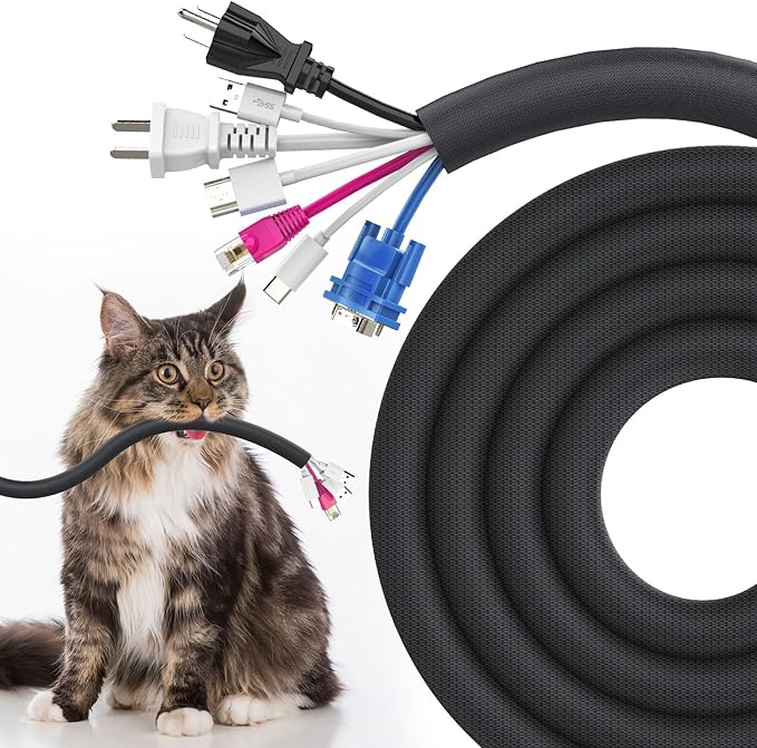 Dog and Cat Cord Protector 10ft - 1inch, Flexible Cable Sleeve for Easy Cord Management, Protects Cables from Pets Chewing, Ideal for USB, Power, Audio and Video Cords - Black