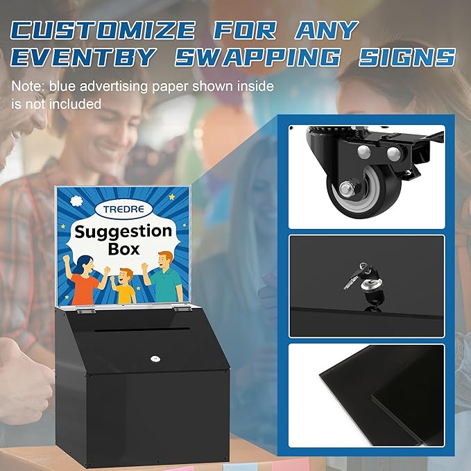 MOOFI Large Capacity Acrylic Suggestion Box with Lock, Sign Holder, Donation Stand, Offering/Ballot /Raffle Box on Stand with Wheels, 13.8 in Cube (39.6 in Tall) - Can Use With & Without Stand Black