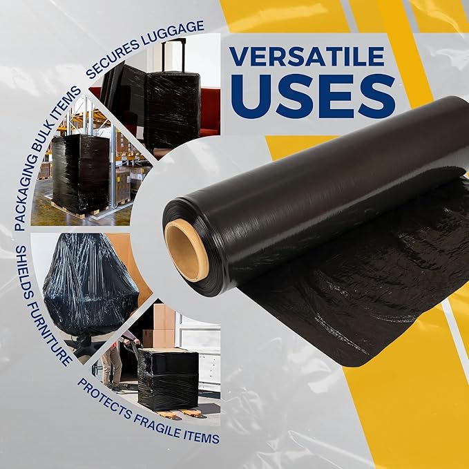 Rockin Rolls Black Stretch Wrap 18"x1500 ft, 80 Gauge – 4 Rolls Heavy Duty Pallet Wrap Stretch Film Roll for Packing, Moving & Shipping – Industrial Strength Durable Self Adhering Shrink Wrap Roll