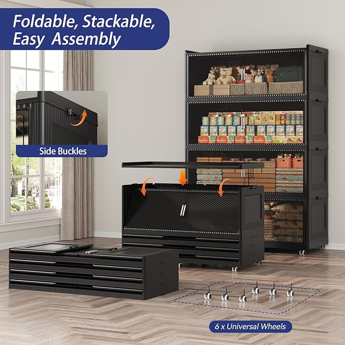 240Gal Extra Large Stackable Storage Bins with Lid, 960Qt Collapsible Storage Box with Wheels, Closet Organizers and Storage Cabinet Container for Home, Kitchen, Office, Bedroom, 3Pack Black