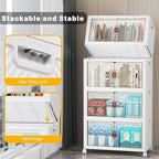 220Qt Stackable Storage Bins with Lids, 4 Pack Collapsible Storage Bins with Wheels, Plastic Cabinet with Doors, Foldable Closet Organizers for Home, Dorm, Office, White