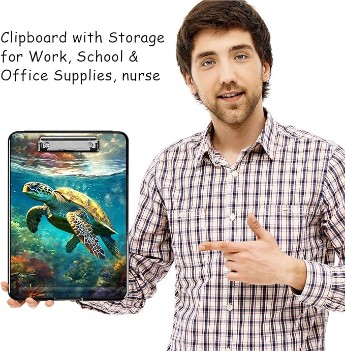 Clipboard with Storage, High Capacity Plastic Storage Clipboard with Pen Holder for Women Teachers Work, School & Office Supplies, Cute Pattern Decorative Clipboards, Sea Turtle