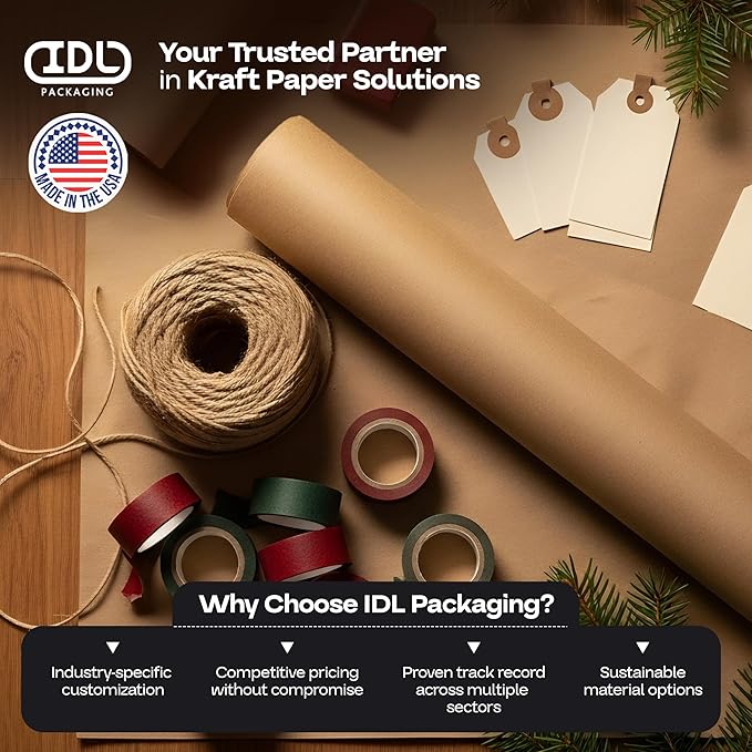 IDL Packaging Brown Kraft Paper Roll 36" x 2160" (180 feet), 30lb Thickness - USA-Made Brown Wrapping Paper for Packing, Moving, Shipping & Crafts/Arts - 100% Recycled Natural Craft Wrap Material