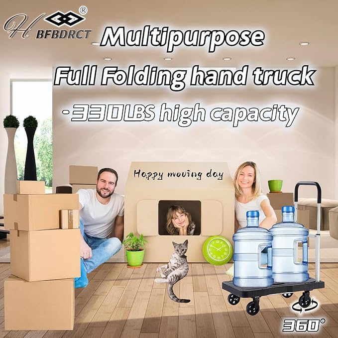 Upgrade Heavy Duty Folding Dolly Cart with Wheels, 330Lb Portable Push Cart, Adjustable Handle for Luggage, Moving, Travel, Shopping & Office Use