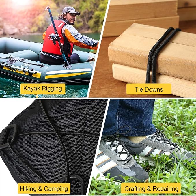 Strong and Durable Bungee Cord - 1/4" x 25ft Elastic Cord, Kayak Stretch String Rope, Bungee Shock Cords for Repairing Tent Poles, DIY, Tie Downs, Black