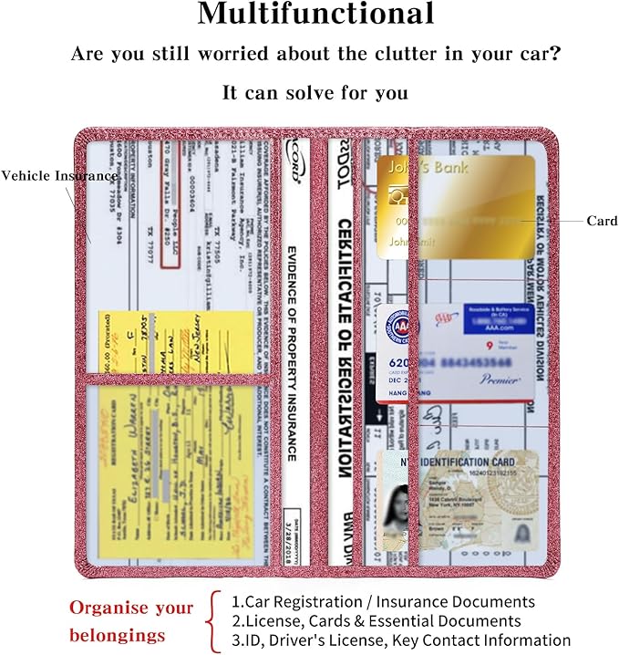 2Pack Leather Car Registration and Insurance Card Holder, Car Document Holder for Cards License with Magnetic Shut (Glitter Purple)