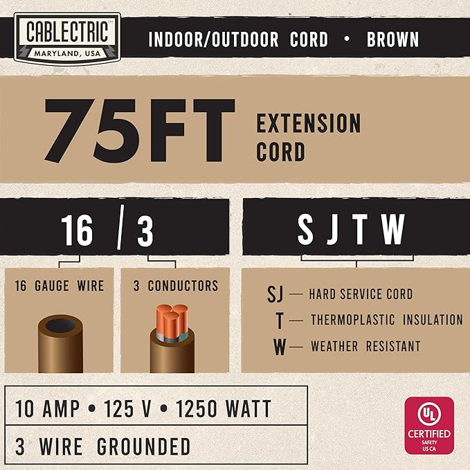 Brown Outdoor Extension Cord 75 ft, 16/3 Heavy Duty Cable with 3 Prong Grounded Plug, 13 AMP for Garden, Lawn, Landscaping, Tools & Appliances, 75 ft Extension Cord 3 Prong