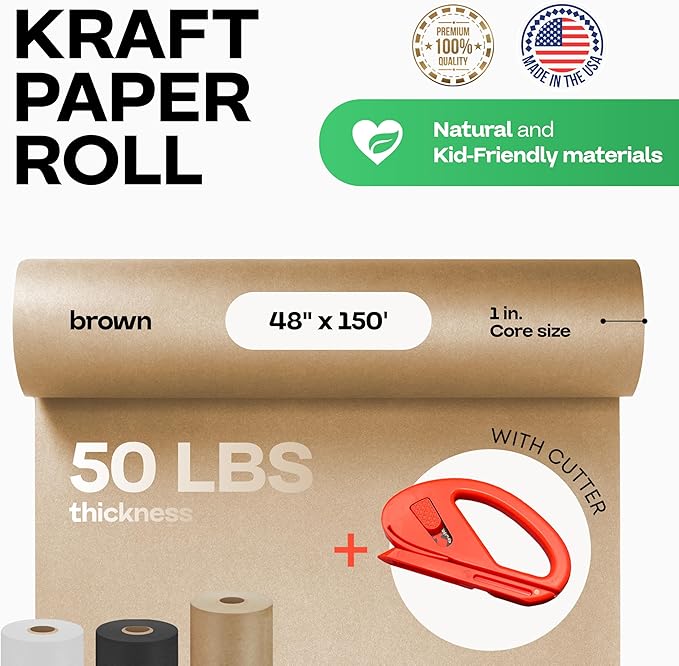 Brown Kraft Paper Roll 48" x 1800" (150 feet) with Cutter - USA-Made Quality Paper 50lb Thickness for Wrapping, Packing, Moving, Shipping, & Crafts/Arts - Natural Kraft Material by IDL Packaging