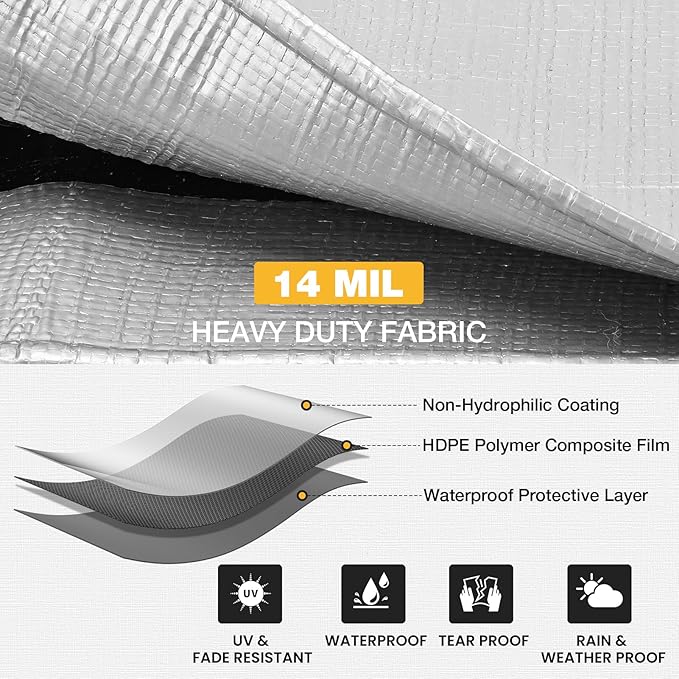 Tarp 20x30 Feet 14 Mil Heavy Duty Waterproof Tarp, Large Multipurpose Cover with Brass Grommets and Reinforced Edges, UV Resistant Thick Poly Tarps for Outdoor Camping Tent Pool Car