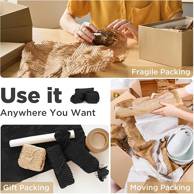 Honeycomb Packing Paper, 12"x50' Black | Perforated Honeycomb Packing Paper Recyclable Moving Supplies for Shipping & Moving | Plastic-Free Alternative to Bubble Cushion Wrap with 36 Fragile Stickers