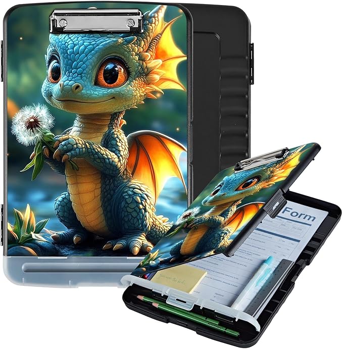 Clipboard with Storage Box & Pen Holder,Heavy Duty Clip Boards 8.5x11 for Nursing,High Capacity,School & Office Supplies,Cute Dragon Dandelion