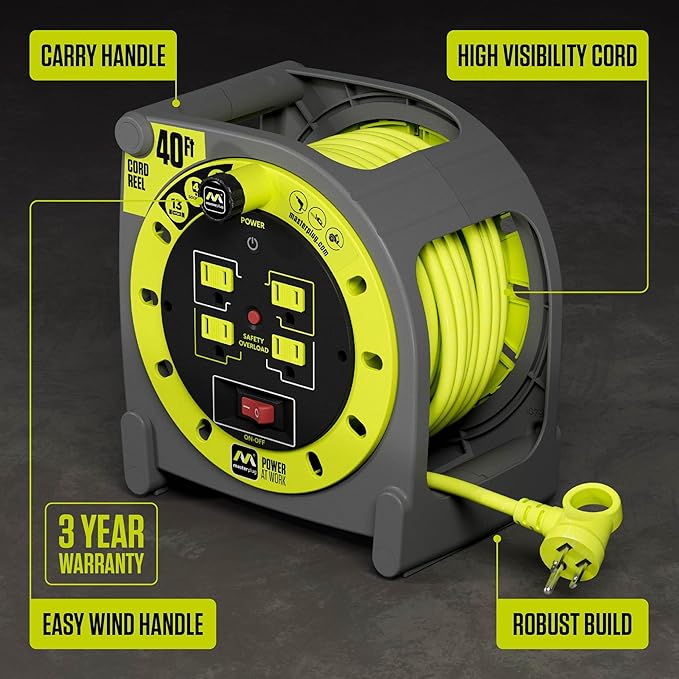 Masterplug 40ft Case Cord Reel, Retractable Extension Lead with Winding Handle, Safety Overload Circuit Breaker and Power Switch, 4X Grounded Outlets, 13amps, 14AWG Cable