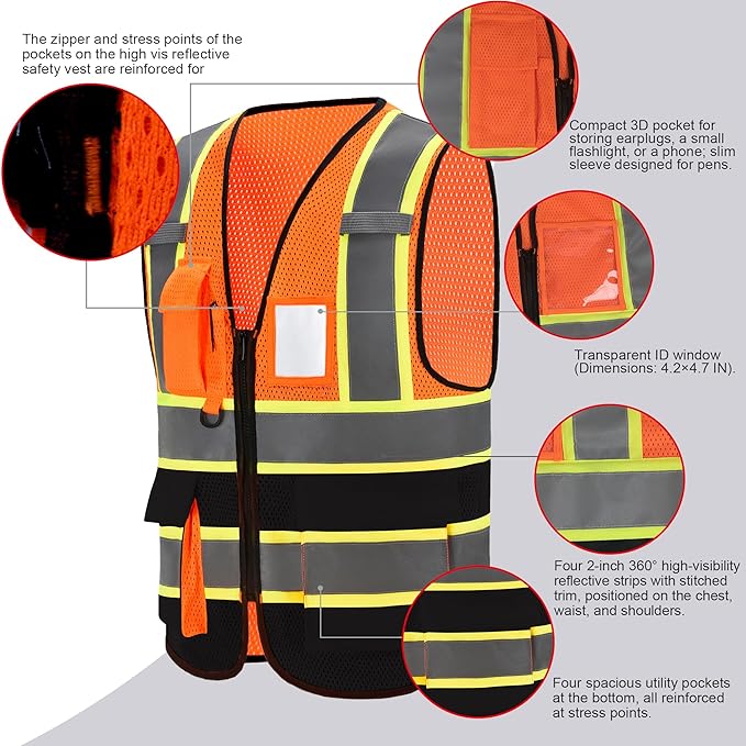 A-SAFETY Mesh High Vis Vest Lightweight Reflective Construction Vest with Pockets Safety Vest for Men/Women