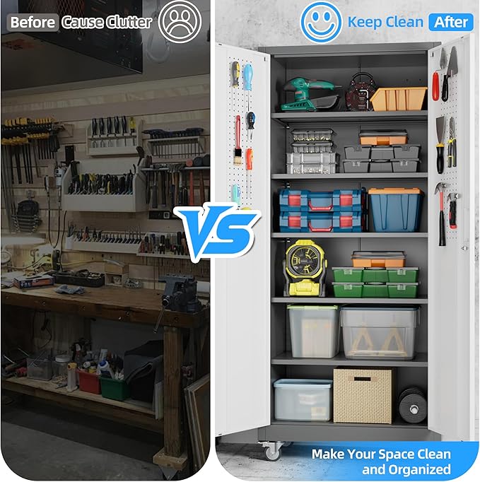 Aobabo Upgrade 71H''*32''W*16''D Metal Garage Storage Cabinet with Wheels and Pegboards, 5 Adjustable Shelves Steel Storage Cabinets for Home,Warehouse,Garage,Assembly Required,Grey and White