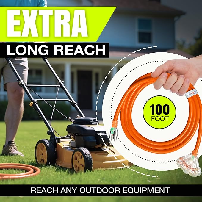 100ft Outdoor/Indoor Extension Cord 3-Outlet 12/3 Gauge Extra Heavy Duty ETL Listed, 3 Prong SJTW, Waterproof, Flexible Cold-Resistant Long Power Cord,15A 125V 1875W, Orange by LifeSupplyUSA