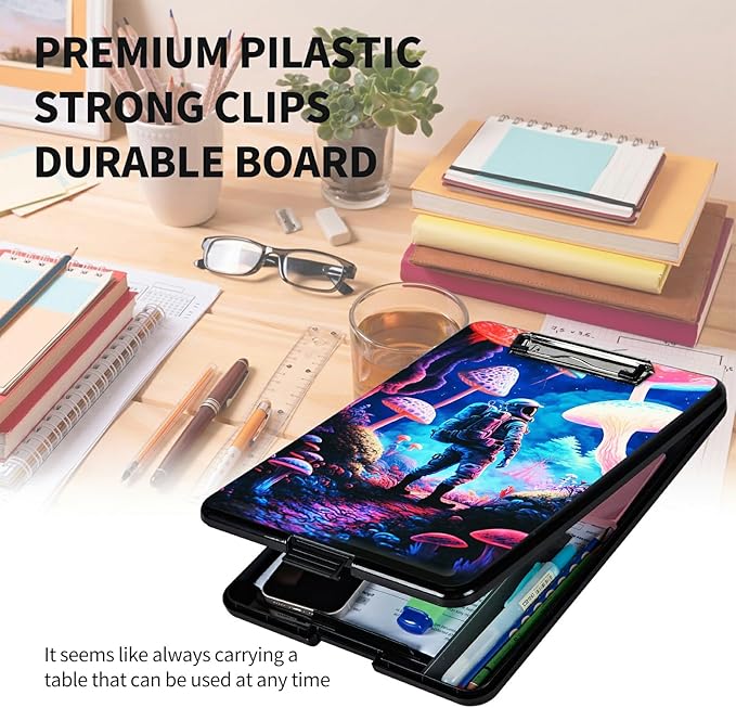 A4 Clipboards,Heavy Duty Waterproof Nursing Plastic Folder Clipboard with Storage Clip Boards,File Folder Storage Box Clipboard Case for Teacher,Doctor,Offices,Astronaut Under Mushroom
