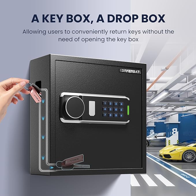 Heavy Duty 64 Keys Electronic Key Lock Box Wall Mount with Code, Key Cabinet with Deposit Key Slot, Adjust Key Organizer with Led Light