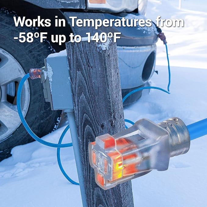 Clear Power 100 ft 14/3 SJTW -50°C Extreme Cold Weather Outdoor Indoor Extension Cord, Blue, Grounded Plug and Lighted Connector, Ideal for Snow Blowers and Power Tools, DCOC-0078-DC