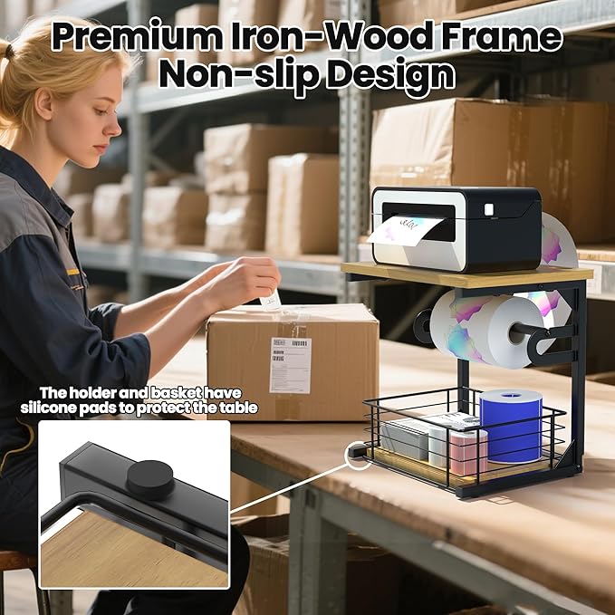 Label Holder for Rolls and Fan-Fold Labels, Wooden Thermal Sticker Roll Holder for Desktop Thermal Label Printer, Solid Shipping Label Holder & Desktop Label Printer Accessory Supplies for Home,Office