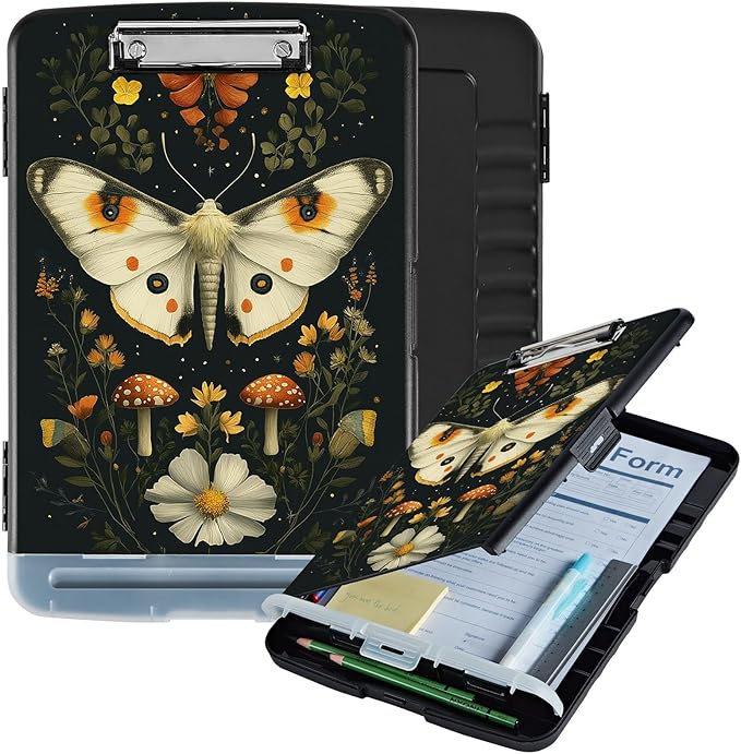 Clipboard with Storage Box & Pen Holder,Heavy Duty Clip Boards 8.5x11 for Nursing,High Capacity,School & Office Supplies,Moth Flowers Mushrooms