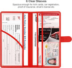 Car Registration and Insurance Holder, Leather Magnetic Shut Vehicle Glove Box Organizer for Document, Card, Driver License, Red