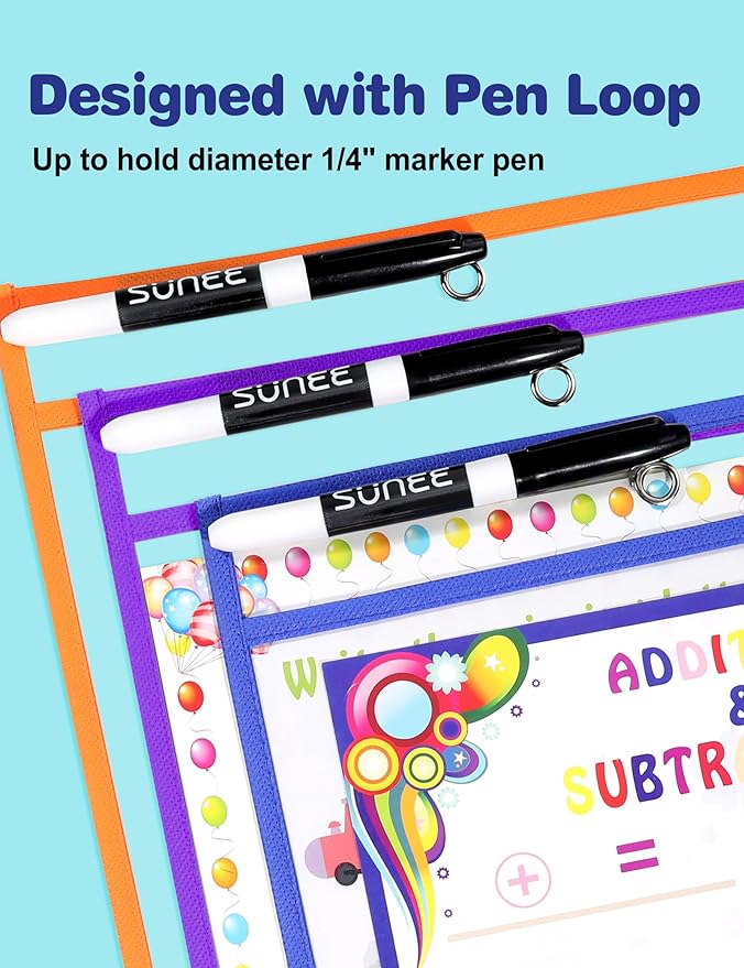 SUNEE 100 Packs Oversized Reusable Dry Erase Pocket Sleeves with 5 Rings, 10 Assorted Colors 10x14 Ticket Holders, Clear Plastic Sheet Protectors, Teacher School Classroom Supplies