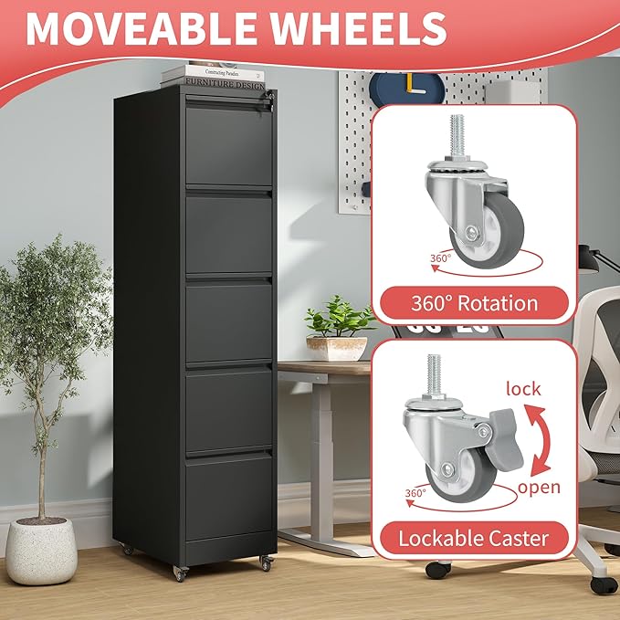 5 Drawer Locking File Cabinet with Wheels,Metal Mobile Filing Cabinets,Black Rolling File Cabinet for Home Office,Heavy Duty Storage Cabinet for A4/Letter/Legal Size File,Assembly Required